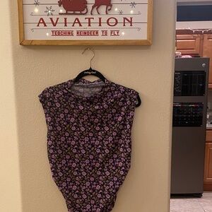 Maeve Floral Cinched Mesh Like Blouse Semi-sheer Lg Black Purple and Green